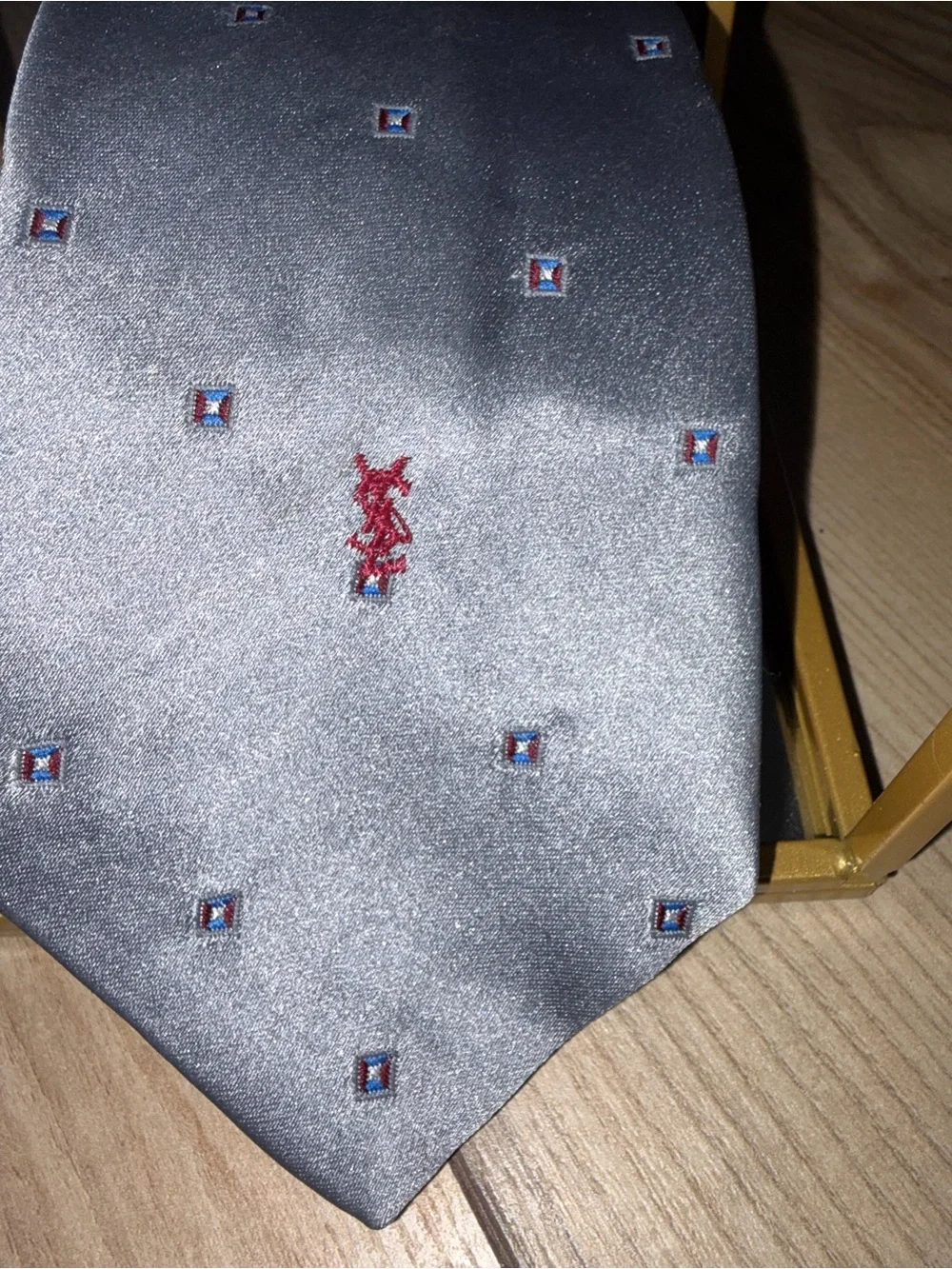 VTG Yves Saint Laurent Silk Tie Lot 2pc Burgundy Grey Embroidered YSL Logo